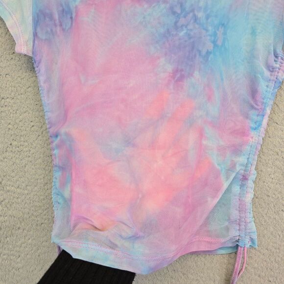 Riley James‎ Top Womens M Blue Pink Tie Dye Micromesh Ruched Rave Music Festive - Picture 3 of 11
